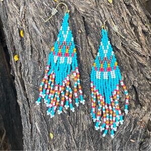 Saratoga Native American Inspired Beaded Fringe Earrings Turquoise Multicolor